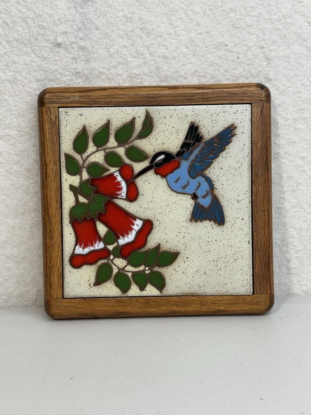 1980s Cleo Teissedre Wood-Framed Hummingbird Ceramic Trivet Tile Hand-Painted